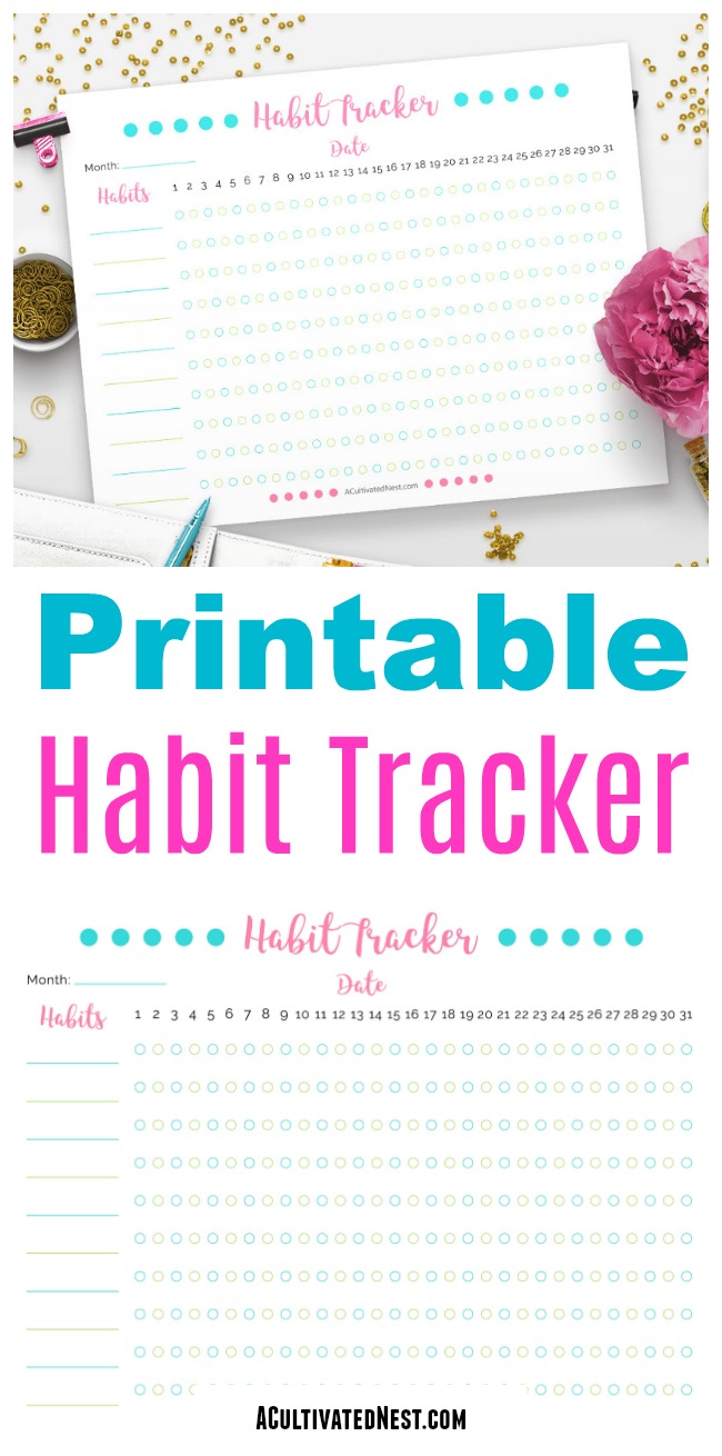 Printable Habit Tracker- It can be hard to start a new good habit, or stop an old bad one. Make the process easier by using this printable habit tracker! It holds you accountable to yourself, plus acts as a wonderful motivational tool! | #printable #habits #habitTracker #planner #plannerAddict #goodHabit #selfImprovement