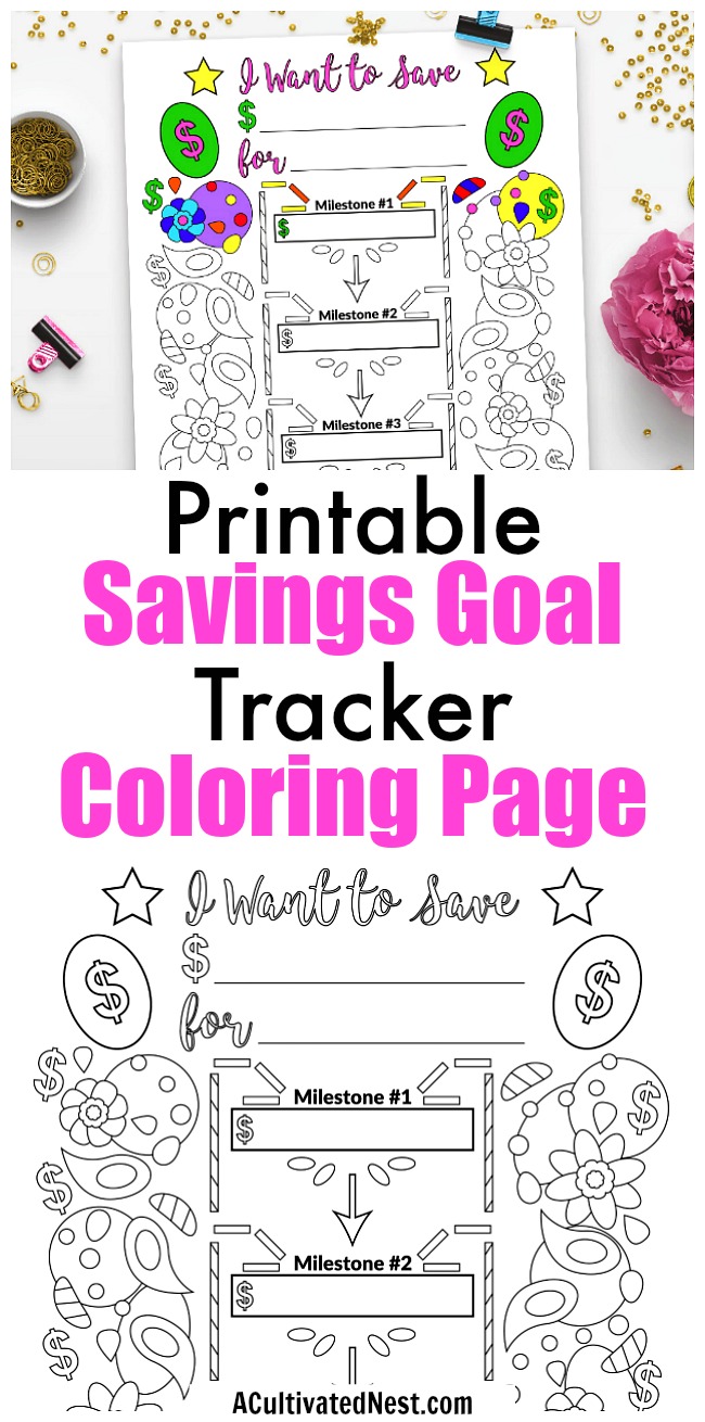 Savings Goal Planner Printable Coloring Page- Love to color? Want to save money? Combine the two with this savings goal planner printable coloring page! It's a great way to track your savings efforts, and relax with some coloring! | #coloringForAdults #coloringPages #frugalLiving #printable #personalFinance #saving #saveMoney #frugal #coloring #planner