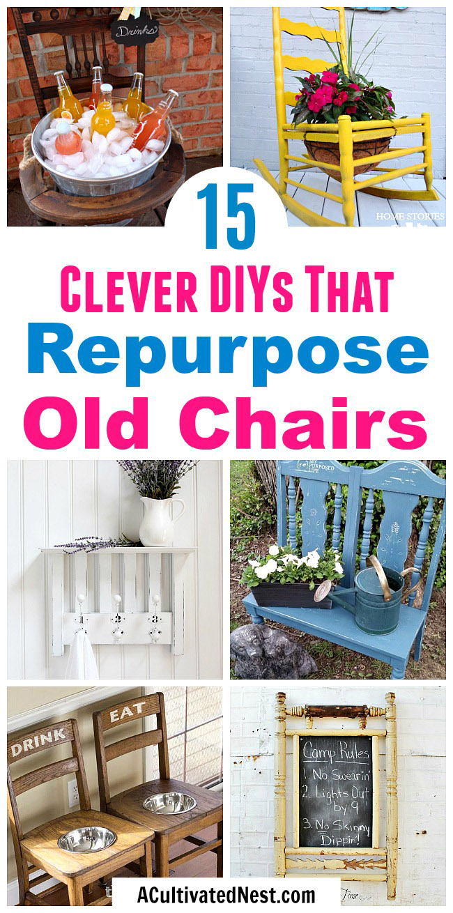 15 Clever DIYs That Repurpose Old Chairs- Don't throw out your old chairs! It's easy to find a great DIY projects to upcycle any old chairs you might have. For some great ideas, check out these 10 clever DIYs that repurpose old chairs! | #diy #upcycle #repurpose #chairs #recycle #reuse #trashToTreasure #decor #diyProject #furniture