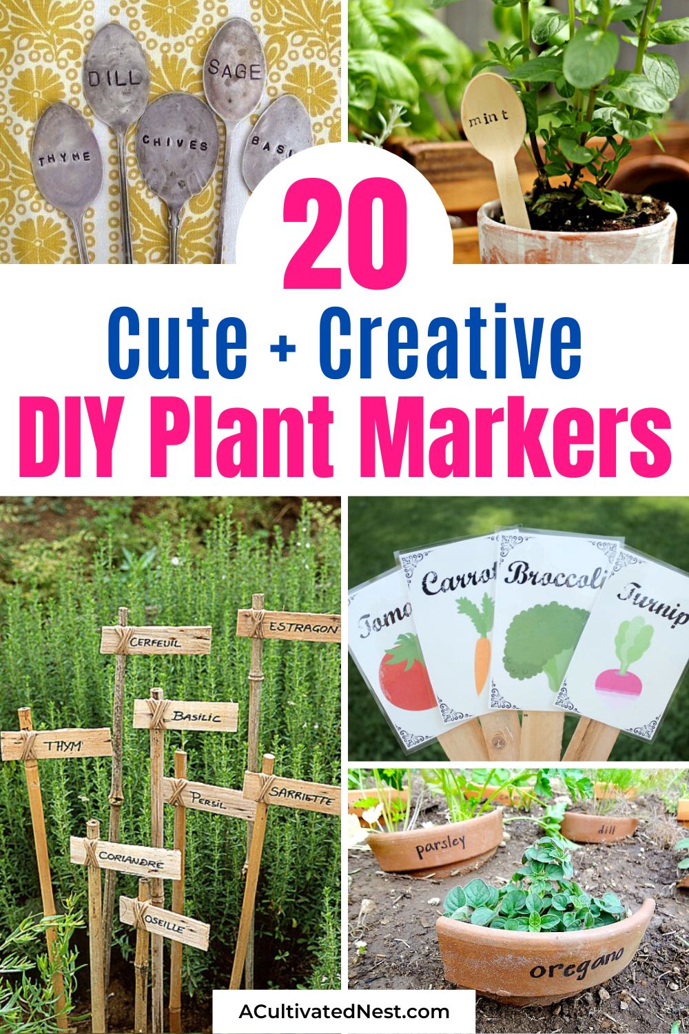 20 Creative Plant Marker Ideas- If you have some basic DIY skills, there's no need to spend money on store-bought plant markers. Instead, check out these cute and clever DIY plant marker ideas! | how to label plants in your garden, ideas for making plant markers, label your herbs, garden markers, #gardeningDIY #DIY #garden #craft #ACultivatedNest