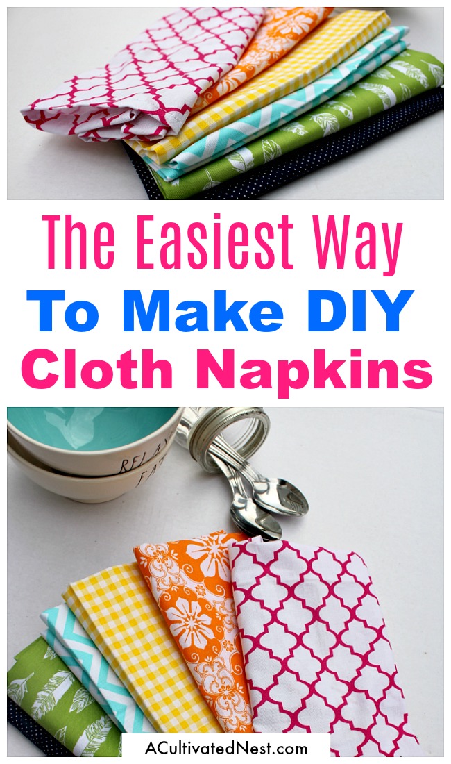 DIY Cloth Napkins- A great way to save money on paper products is to use reusable cloth napkins. But you don't have to settle for boring white napkins. Instead, check out how to make your own pretty patterned homemade cloth napkins! These DIY cloth napkins are really easy to make and customize! | easy sewing projects, sewing projects for beginners, frugal, #DIY #sewing #frugalLiving #sewingProject #diyProject #beginnerSewing