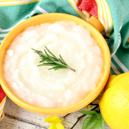 DIY Lemon and Rosemary Sugar Scrub- Scrub off old skin and leave nourished, healthy skin behind with this DIY lemon and rosemary sugar scrub! This homemade scrub feels great, smells great, and makes a great DIY gift! | #DIY #homemade #sugarScrub #beauty #diyGift #bodyScrub #faceScrub #handScrub