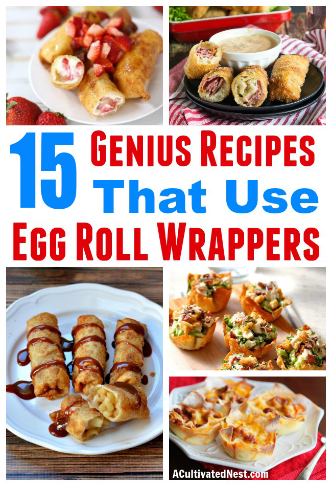 15 Genius Recipes that Use Egg Roll Wrappers- Trying to figure out what to make with egg roll wrappers? You're in luck, because there are tons of great recipes that use egg roll wrappers, including entrees and desserts! Check out all these delicious recipe ideas! | #recipe #food #dinner #dessert #ACultivatedNest