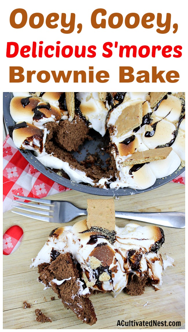 S'mores Brownie Bake- Want an ooey, gooey, and delicious dessert? Then you need to make this s'mores brownie bake! It's full of s'mores flavor, but is quick and easy to make at home in the oven! | #brownies #recipe #dessert #baking #chocolate #smores #camping #food #homemade #semiHomemade