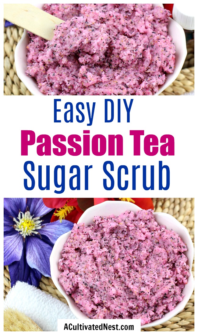 DIY Passion Tea Sugar Scrub- It's easy to make your own refreshing and colorful body scrub! Here's how to make a DIY passion tea sugar scrub using tea bags! | #diy #sugarScrub #beauty #bodyScrub #handScrub #faceScrub #spa #homemade #diyBeautyProduct #homemadeBeautyProduct #diyGift #homemadeGift #allNatural