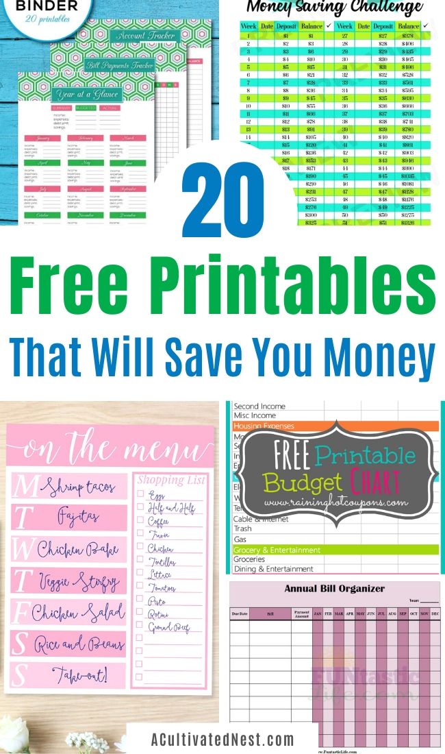 20 Free Printables to Save You Money- If you're on a budget, you need these 20 money saving free printables! They'll help you stick to your budget, save money, and keep your financial life organized! | #freePrintables #moneySaving #frugalLiving #budgeting #ACultivatedNest