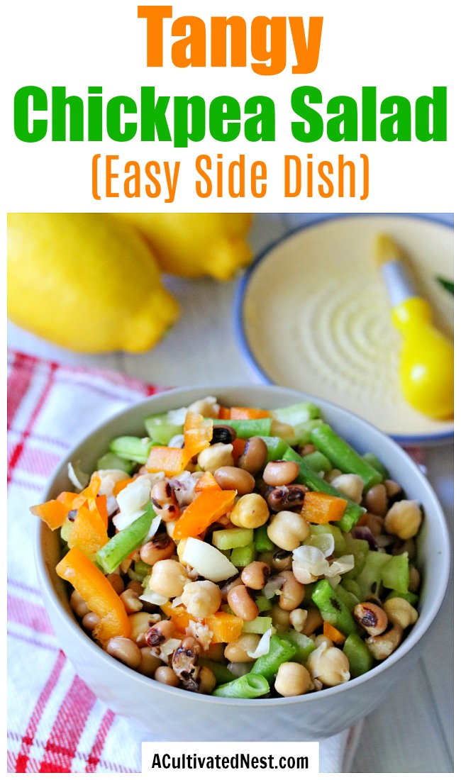 Tangy Chickpea Salad- Looking for an easy and healthy side dish? This tangy chickpea salad is both of those things, plus it's delicious! It makes a great BBQ side dish, too!