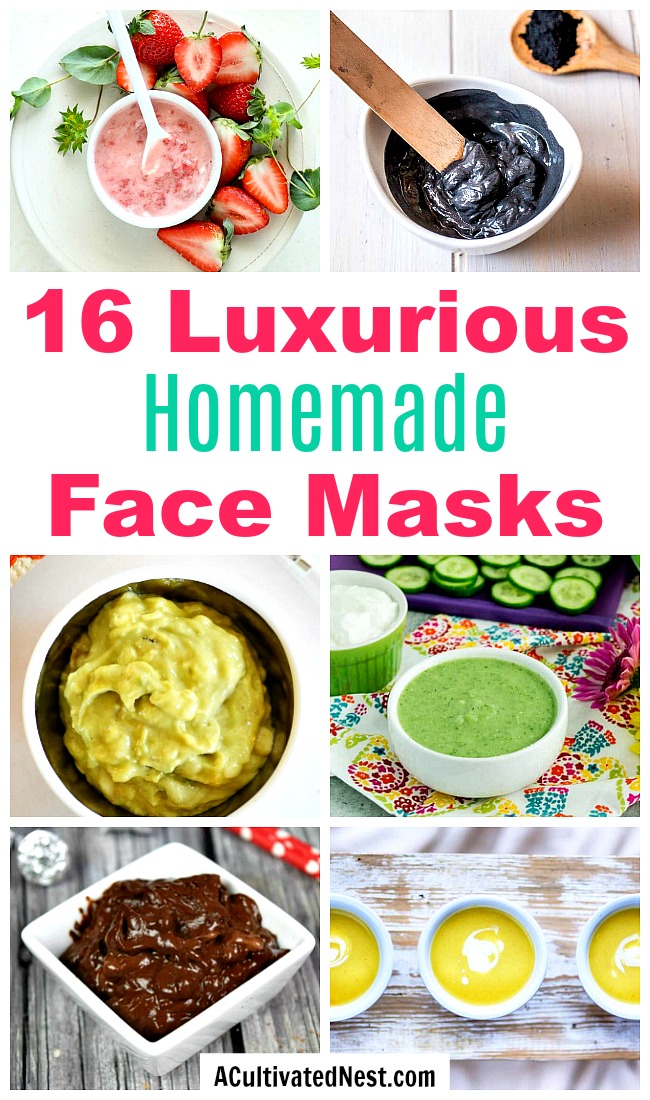 16 Homemade Face Masks- An inexpensive way to relax and nourish your skin at the same time is with a DIY face mask! Here are 16 homemade face masks you have to try! | all-natural DIY face masks, do it yourself skincare, DIY gift ideas, #DIY #homemade #beauty #faceMask #spa #skincare #allNatural #diyGift #homemadeGift #ACultivatedNest