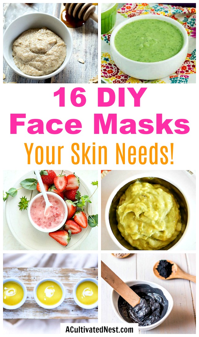 16 Homemade Face Masks- There's no need to buy commercial face masks if you want to nourish your skin. Instead, make one (or a few) of these easy, all-natural homemade face masks! | all-natural DIY face masks, do it yourself skincare, DIY gift ideas, #homemade #DIY #beauty #faceMask #spa #skincare #allNatural #diyGift #homemadeGift #ACultivatedNest