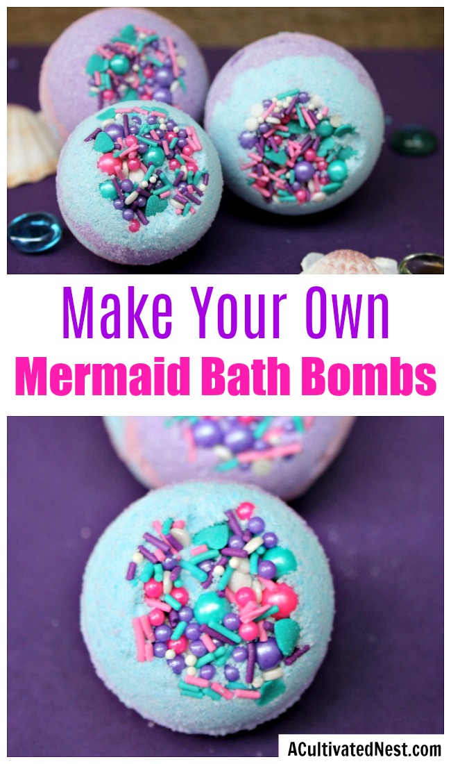 DIY Mermaid Bath Bombs- If you want a fun homemade bath bomb to use for your next soak, you have to make these DIY mermaid bath bombs! They're so fun to look at, and they make great bubbles! Plus they're an awesome homemade gift idea! | DIY bath bombs with a mermaid theme, ocean theme, sea theme, aquatic theme, #DIY #bathBomb #mermaid #homemade #craft #diyGift #homemadeGift #beauty #ACultivatedNest