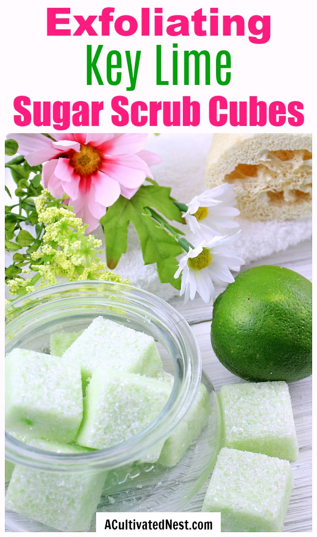 DIY Sugar Scrub Cubes: Key Lime- It's easy to make your own DIY sugar scrub cubes! These exfoliating DIY scrub bars have a lovely key lime scent and color. They also make a great DIY gift! | sugar scrub bars, homemade body scrub, exfoliate, exfoliating, #bodyScrub #DIY #sugarScrub #beauty #diyGift #homemadeGift