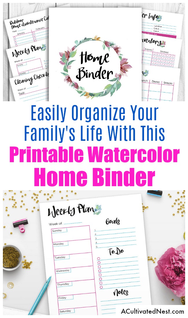 Watercolor Printable Home Management Binder- It's easy to get your family organized if you have a home binder! This pretty home management planner printable has 40+ pages decorated with beautiful watercolor flowers. With so many pages, everything you could possibly need to organize your household is right here! | printable binder, mom binder, home binder planner printables, stay at home mom, PDF planner inserts, letter size, #printable #planner #sahm #homemaking