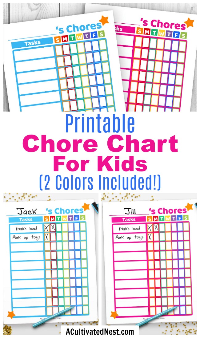 Printable Kids Chore Chart- If you want your kids to remember to do their chores, then they need this cute printable chore chart for kids! It comes in 2 fun color themes- blue and pink! | printable chore chart for kids, parenting printables, printable task list PDF, #printable #choreChart #kids #parenting #ACultivatedNest