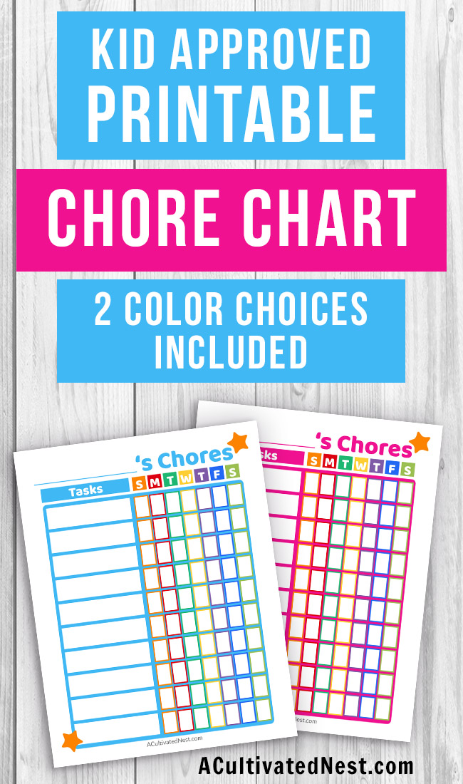 Printable Kids Chore Chart- Teach your kids responsibility and make it easier for them to help out around the home with this printable chore chart! It comes in blue and pink! | printable chore chart for kids, parenting printables, printable task list PDF, #printable #choreChart #parenting #kids #ACultivatedNest