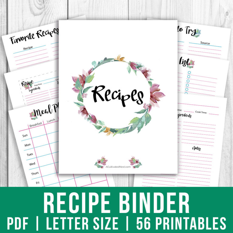 Watercolor Printable Recipe Binder- Kitchen Binder- A Cultivated Nest