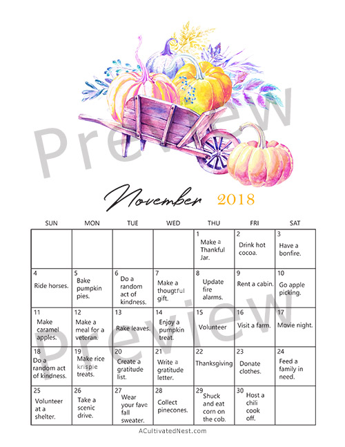 November 2018 Fall Bucket List Calendar Free Printable- Fall is a short, but wonderful, season. To make the most of fall on a budget, get this frugal fall bucket list calendar free printable! | free printable 2018 calendar, #freePrintable #fall #frugalLiving #bucketList #printable #autumn #frugal #calendar #printableCalendar #freeCalendar #ACultivatedNest