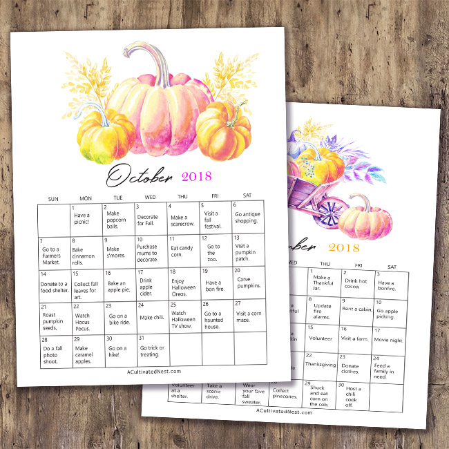 Free Printable 2018 Fall Bucket List Calendars- Fall is a short, but wonderful, season. To make the most of fall on a budget, get this frugal fall bucket list calendar free printable! | free printable 2018 calendar, #freePrintable #fall #frugalLiving #bucketList #printable #autumn #frugal #calendar #printableCalendar #freeCalendar #ACultivatedNest