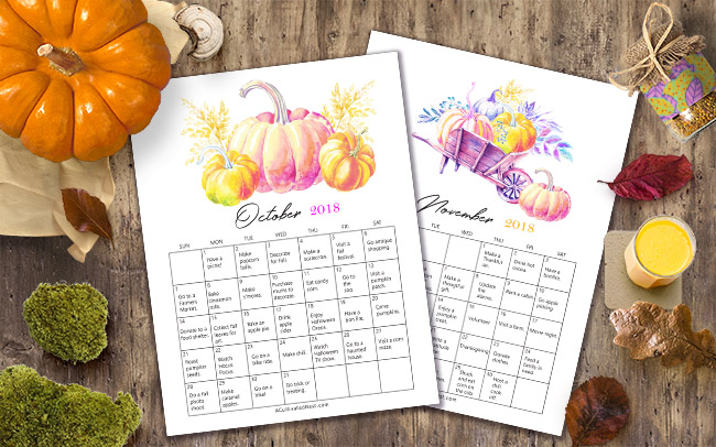 2018 Fall Bucket List Calendar Free Printables- Fall is a short, but wonderful, season. To make the most of fall on a budget, get this frugal fall bucket list calendar free printable! | free printable 2018 calendar, #freePrintable #fall #frugalLiving #bucketList #printable #autumn #frugal #calendar #printableCalendar #freeCalendar #ACultivatedNest