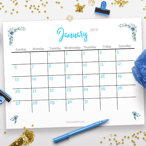 Free Printable 2019 Calendar: Watercolor Flowers- A Cultivated Nest