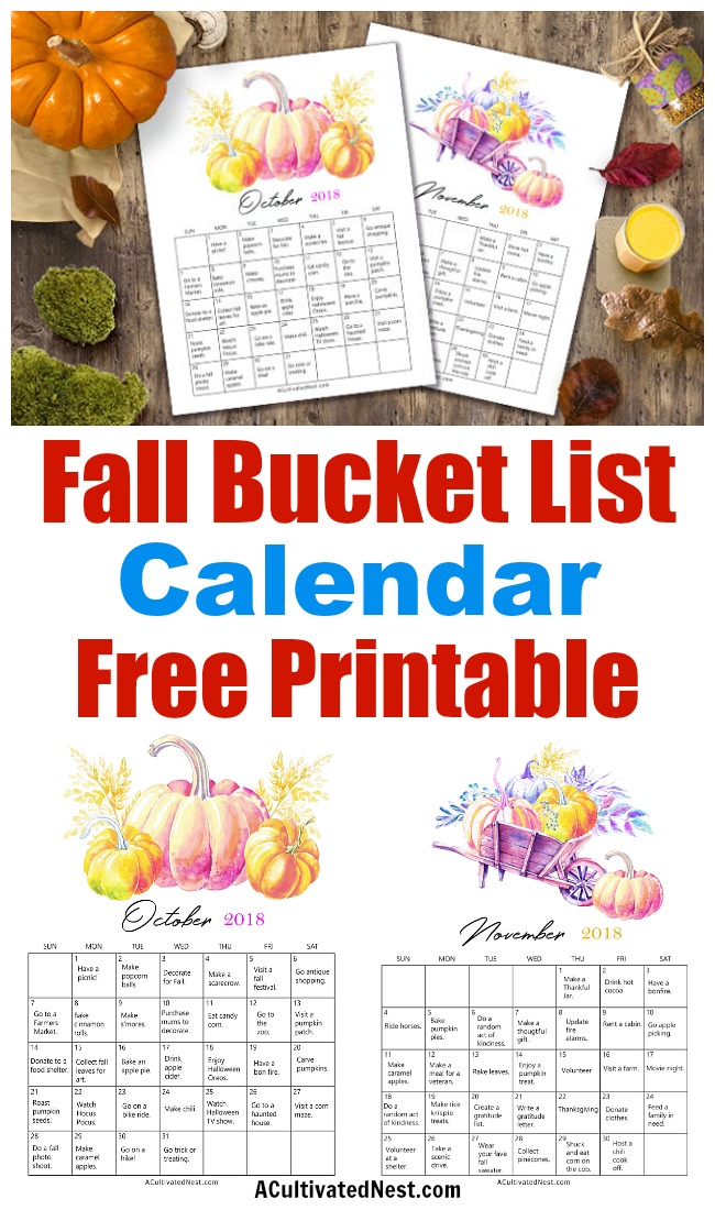2018 Fall Bucket List Calendar Free Printables- Fall is a short, but wonderful, season. To make the most of fall on a budget, get this frugal fall bucket list calendar free printable! | free printable 2018 calendar, #freePrintable #fall #frugalLiving #bucketList #printable #autumn #frugal #calendar #printableCalendar #freeCalendar #ACultivatedNest