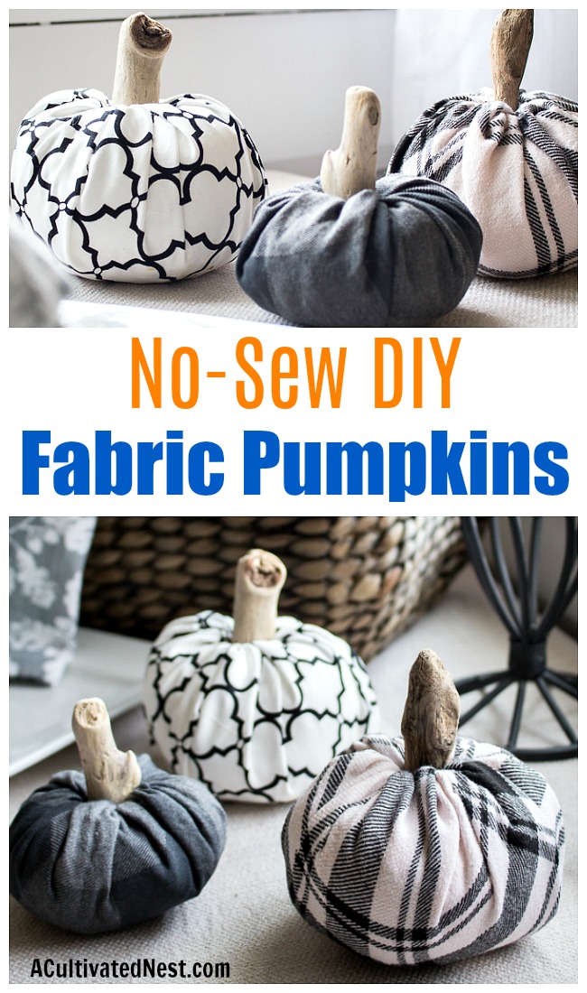 No-Sew DIY Fabric Pumpkins- It's so easy (and fun) to makje these no-sew DIY fabric pumpkins! And they're also really easy to customize! | #DIY #craft #decor #pumpkins #fall #fallDecor #autumn #noSew #decorating #fallDecorating #ACultivatedNest