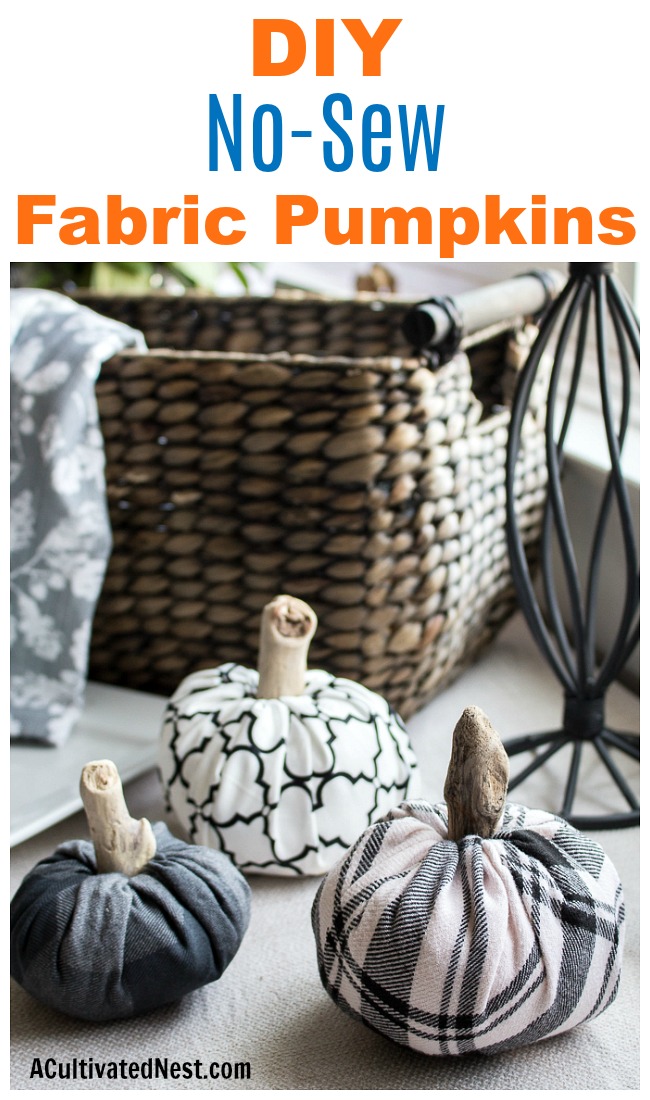 No-Sew DIY Fabric Pumpkins- These no-sew DIY fabric pumpkins are an easy and frugal way to add new fall decor to your home. Plus, they're really easy to customize! | #DIY #craft #decor #pumpkins #fall #fallDecor #autumn #noSew #decorating #fallDecorating #ACultivatedNest