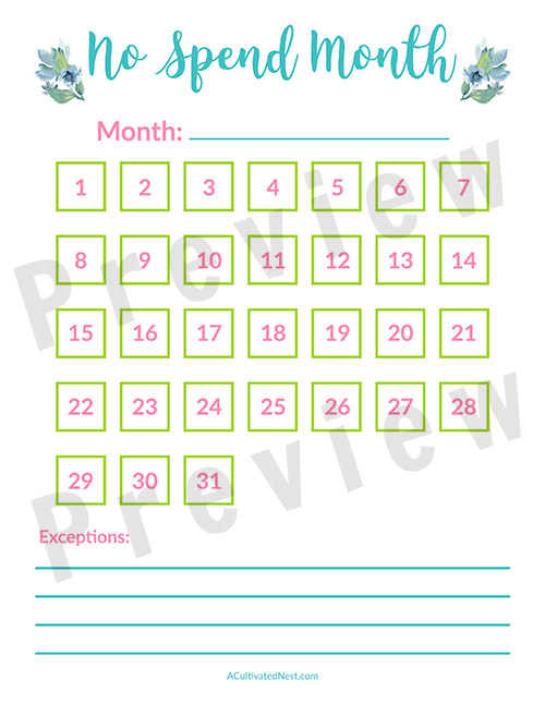 No Spend Month Challenge Printable