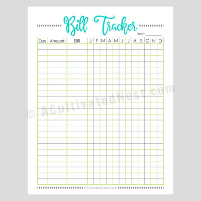 Printable Bill Tracker Worksheet: Pixels- A Cultivated Nest