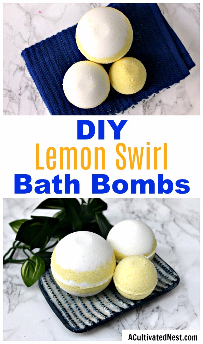 DIY Lemon Swirl Bath Bombs- You don't need to spend $6 for a bath bomb if you know how to make them yourself! Here is how to make your own pretty DIY lemon swirl bath bombs! | DIY beauty products, DIY gift ideas, homemade gift ideas, essential oils, #DIY #beauty #ACultivatedNest