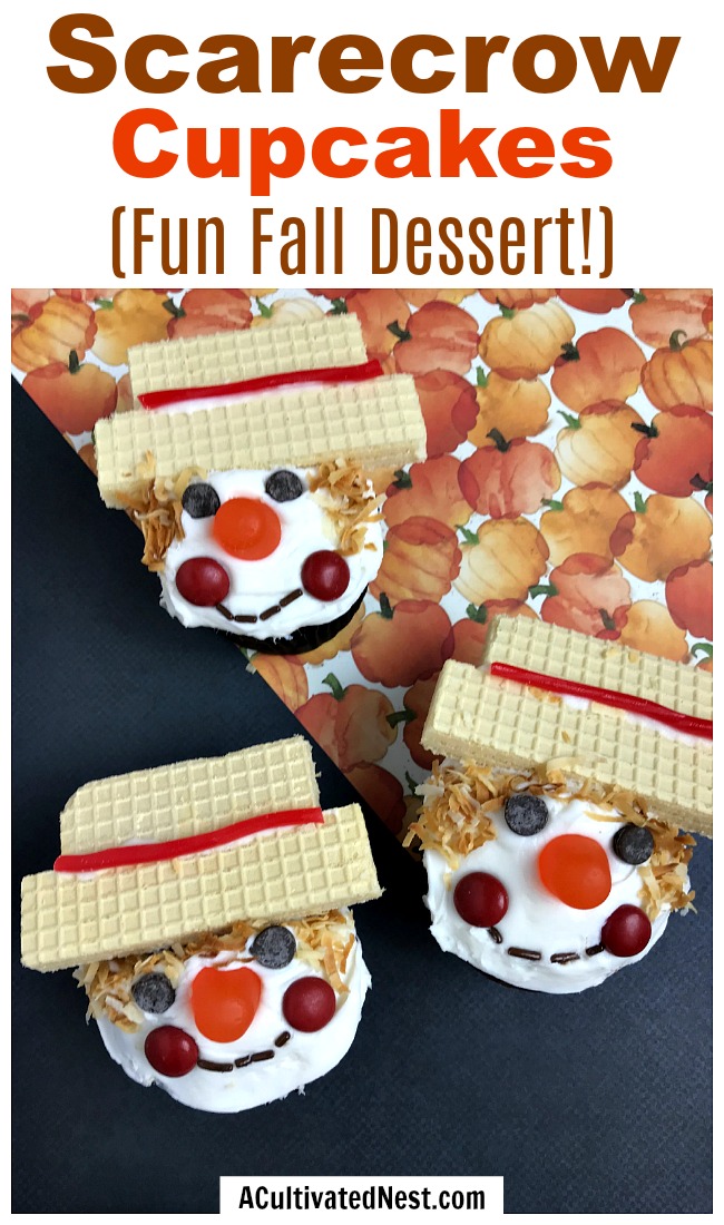 Scarecrow Cupcakes Fall Dessert- For a fun and easy fall dessert, you have to make these cute scarecrow cupcakes! They'd be a lot of fun to decorate with kids! | recipe, autumn food, #dessert #cupcakes #ACultivatedNest