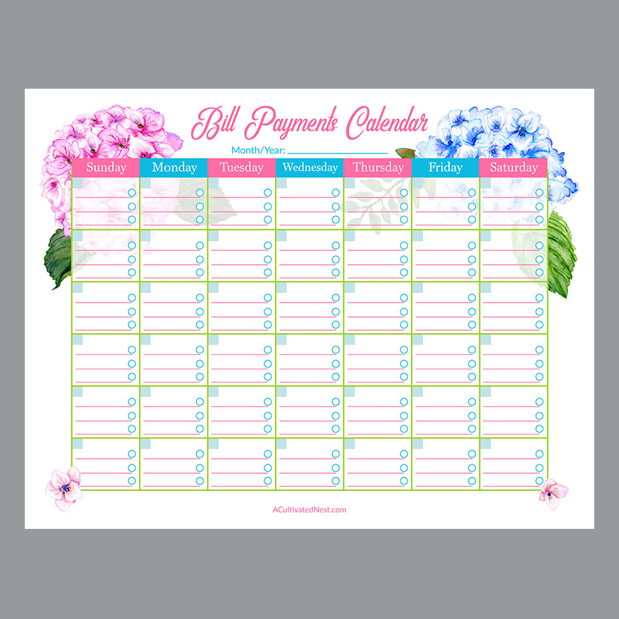 Printable Bill Payments Calendar Hydrangeas A Cultivated Nest