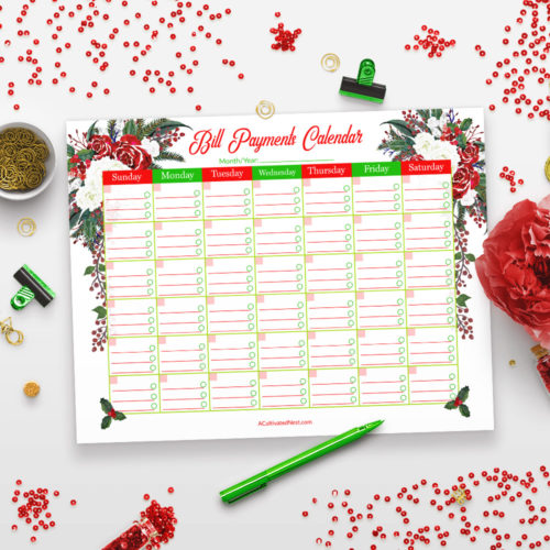 Printable Bill Payments Calendar- Holiday