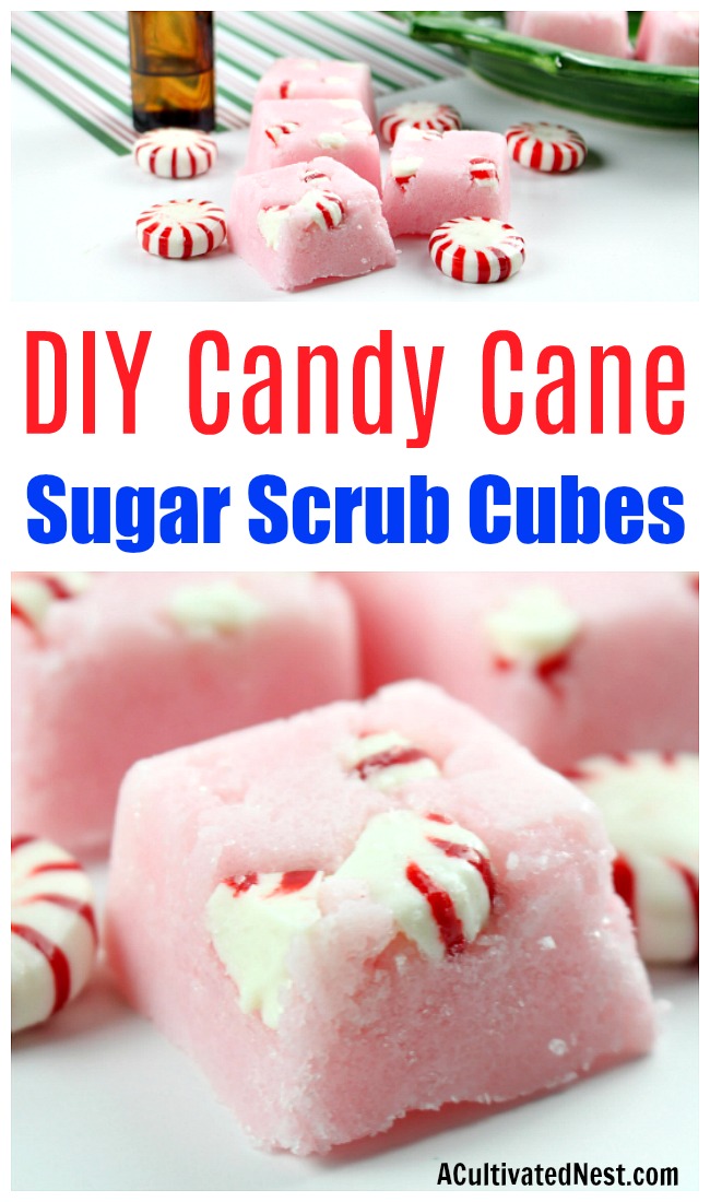 DIY Candy Cane Sugar Scrub Cubes- These DIY candy cane sugar scrub cubes make wonderful DIY Christmas gifts! They're also a great way to keep your skin looking beautiful through the winter! | body scrub, face scrub, hand scrub, homemade gift ideas, #diy #bodyScrub #ACultivatedNest