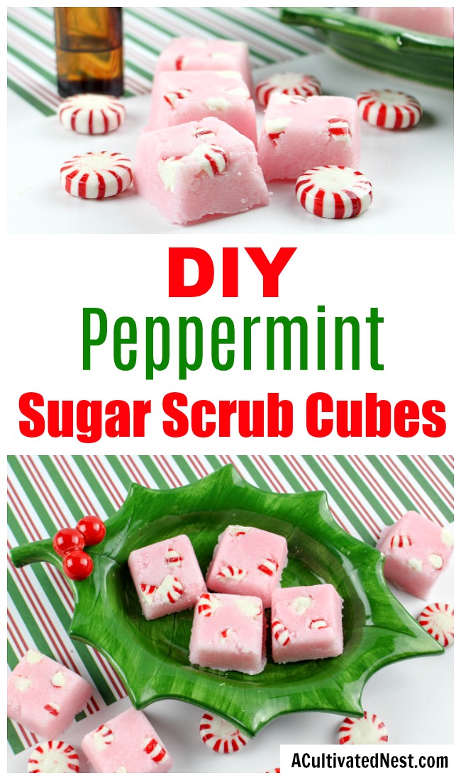 DIY Candy Cane Sugar Scrub Cubes- These DIY candy cane sugar scrub cubes smell like peppermint! They're wonderful DIY Christmas gifts, or a great way to keep your skin healthy in the winter! | body scrub, face scrub, hand scrub, homemade gift ideas, #diyGift #sugarScrub #ACultivatedNest