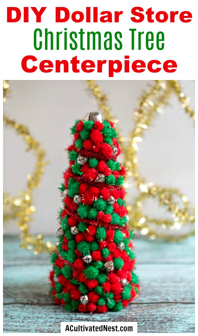 DIY Dollar Store Christmas Tree Centerpiece- Add pretty (and inexpensive) decor to your Christmas table or mantel with this DIY dollar store Christmas tree centerpiece! | Christmas craft, holiday DIY, pom pom Christmas tree, dollar store craft, #Christmas #DIY #ACultivatedNest