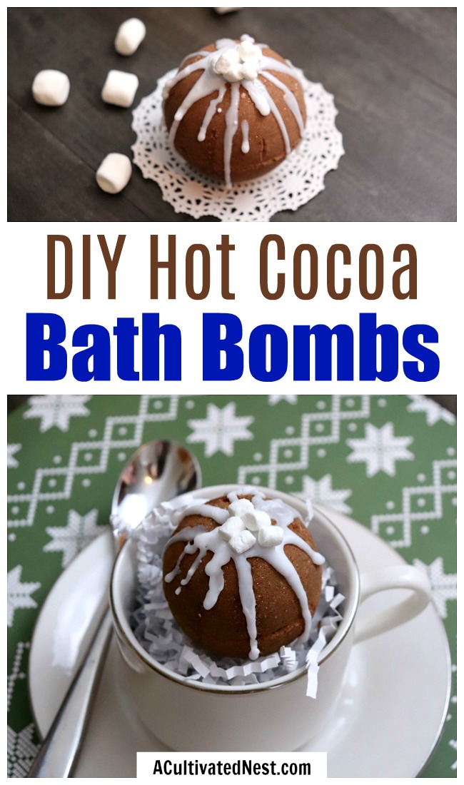 DIY Hot Cocoa Bath Bombs- These DIY hot cocoa bath bombs are a fun, festive way to relax this holiday season! These would make a wonderful homemade gift! | beauty, spa, DIY bath fizzy, hot chocolate bath bomb, #homemadeGift #bathBomb #ACultivatedNest