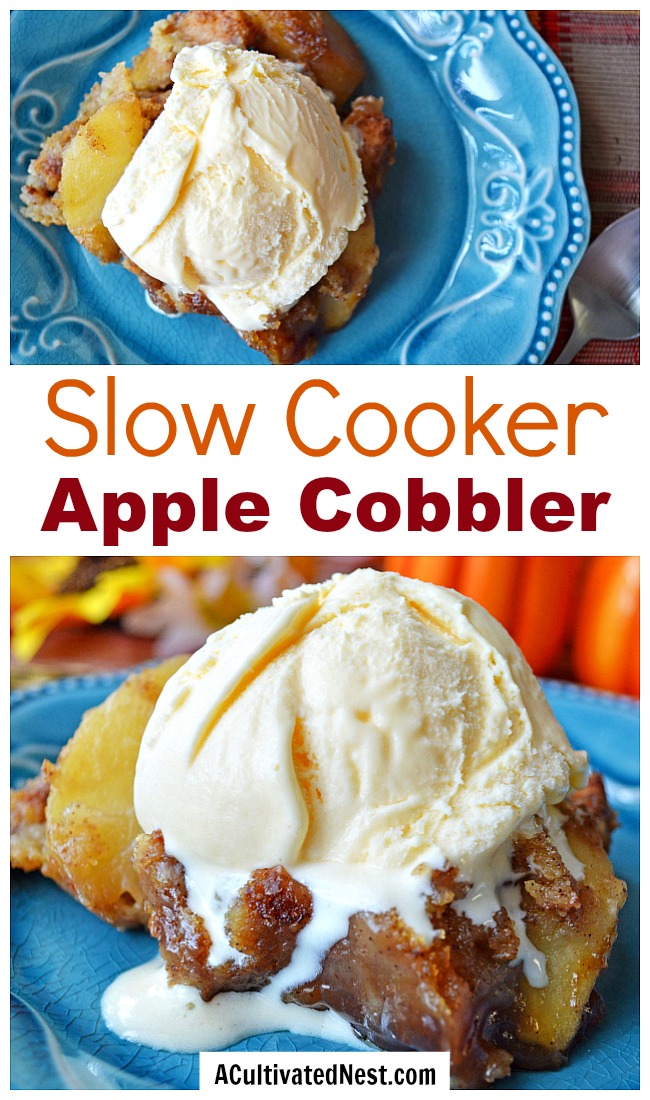 Slow Cooker Apple Cobbler- This slow cooker apple cobbler recipe will help you easily make a delicious dessert, even on your busiest days! This is perfect for fall! | fall recipes, autumn recipes, apple recipes, baking in the slow cooker, baking in the Crock-pot, #recipe #slowCooker #ACultivatedNest