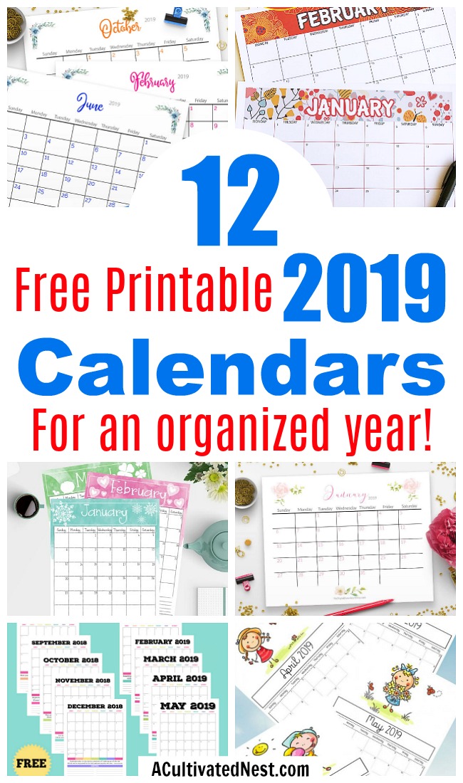 12 Free Printable 2019 Calendars- Tired of boring store-bough calendars? Get the perfect calendar for 2019 from this collection of 12 free printable 2019 calendars! There are so many to choose from! | 2019 monthly calendar printables to download, coloring calendars, calendars for kids, #freePrintables #2019calendars #ACultivatedNest