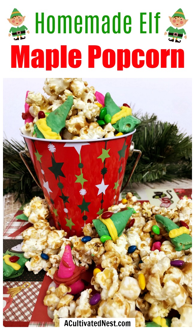 Elf Maple Popcorn- This quick and easy elf maple popcorn is the perfect holiday sweet treat! And it's a great pairing with the Elf movie, or Elf on a Shelf! | Christmas popcorn, popcorn food gift idea, maple syrup popcorn, #recipe #popcorn #ACultivatedNest