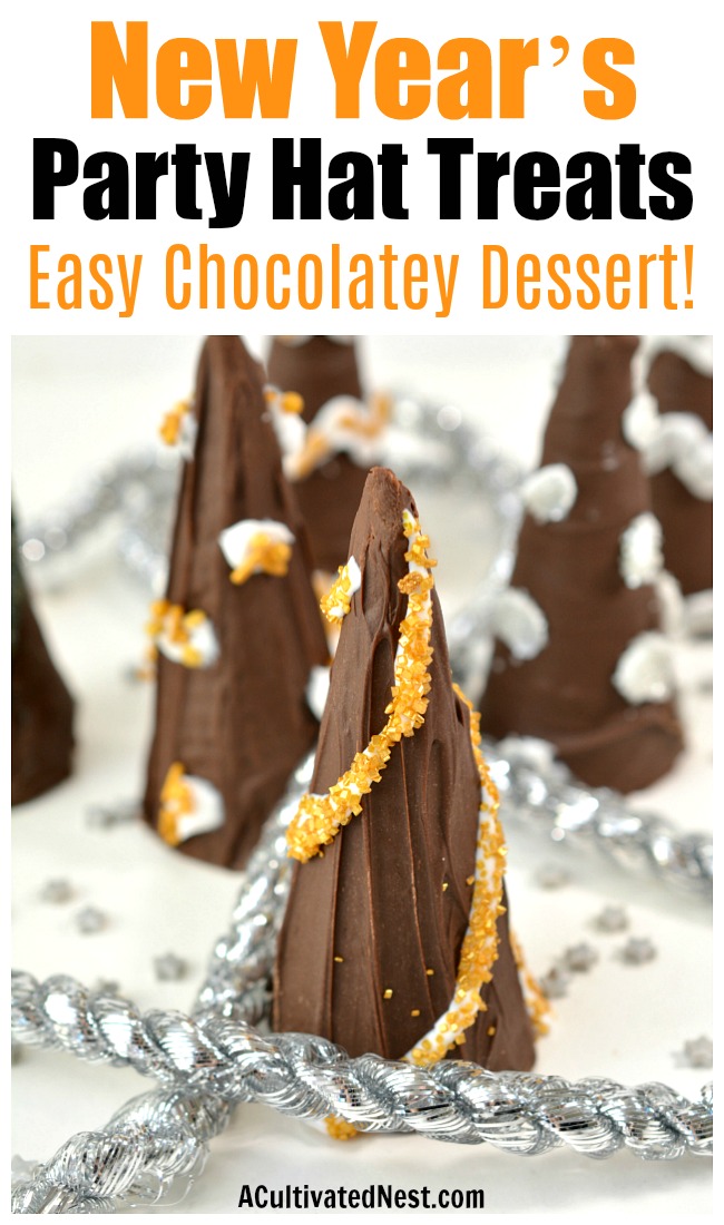 New Year’s Party Hat Treats- To make your New Year's Eve party even more fun, serve these New Year's party hat treats! They're quick to make, chocolatey, and delicious! | easy appetizers, chocolate New year's Eve recipe, party food, celebration food, #dessert #NewYearsEve #ACultivatedNest