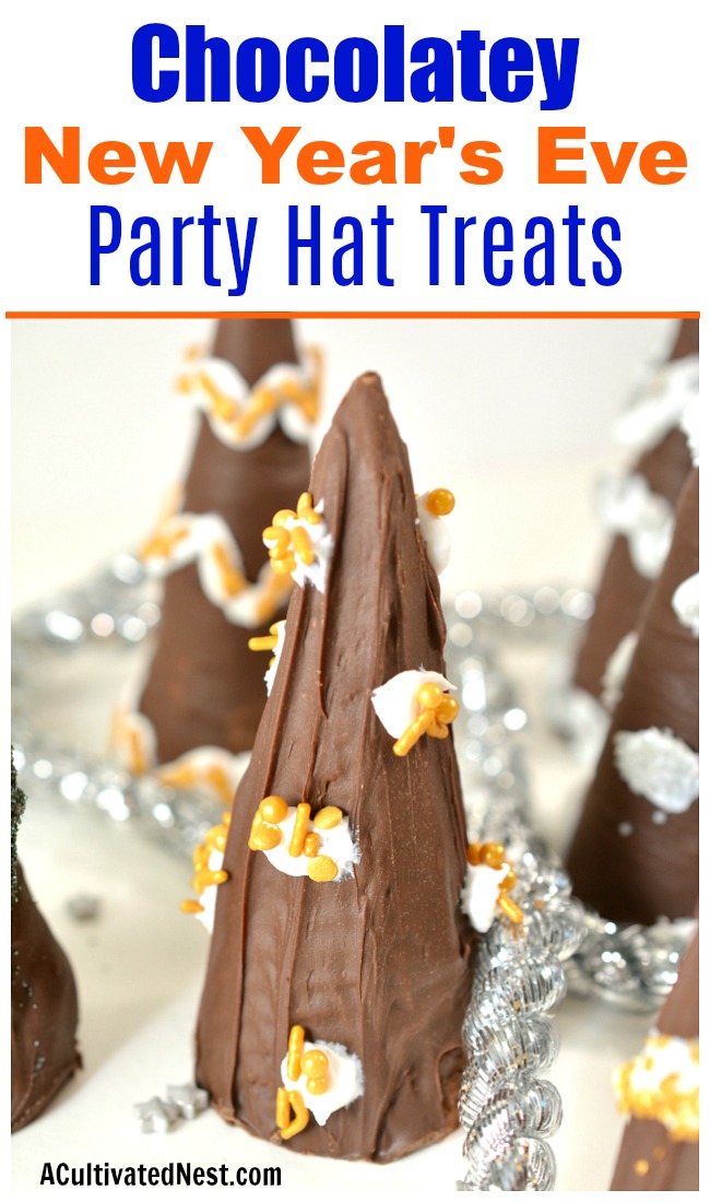 New Year’s Party Hat Treats- These festive and easy New Year's party hat treats are quick chocolatey treats that are sure to make your New Year's Eve party delicious! | easy dessert, chocolate New year's Eve recipe, party food, celebration food, #appetizer #NewYearsEve #ACultivatedNest