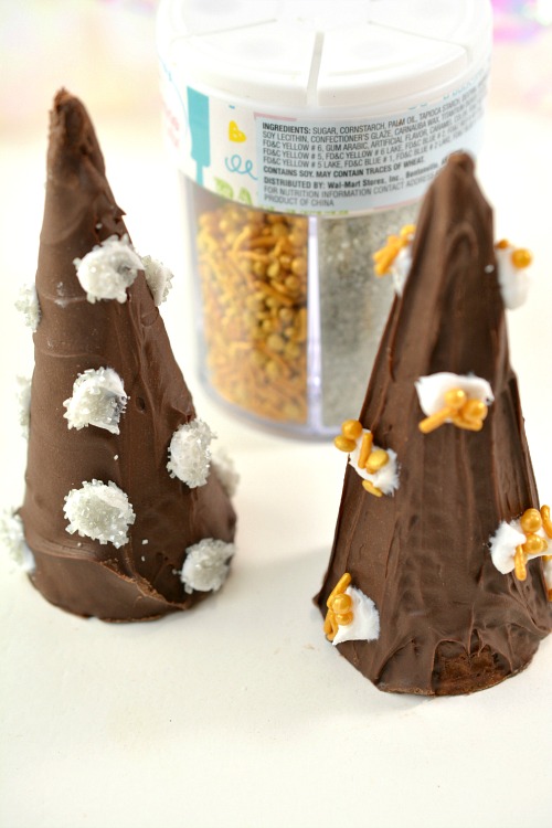 Chocolate Celebration Party Hat Dessert- These festive and easy New Year's party hat treats are quick chocolatey treats that are sure to make your New Year's Eve party delicious! | easy dessert, chocolate New year's Eve recipe, party food, celebration food, #appetizer #NewYearsEve #ACultivatedNest