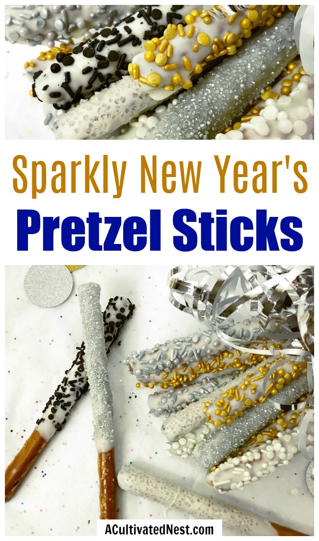 Sparkly New Year's Pretzel Sticks- These festive pretzel rods make a great New Year's Eve party appetizer or dessert! Here's how to make your own easy and sparkly New Year's pretzel sticks! | homemade appetizer recipe, easy party dessert for large crowd, snack, #pretzels #NewYearsEve #ACultivatedNest