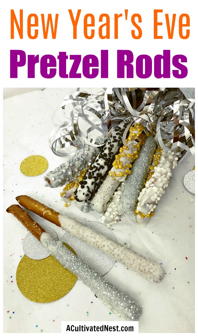 Sparkly New Year's Eve Pretzel Rods- If you need a tasty and easy New Year's Eve party appetizer for a large crowd, you have to make these sparkly New Year's pretzel sticks! | homemade appetizer recipe, easy party dessert recipe, snack, #recipe #NewYearsEve #ACultivatedNest