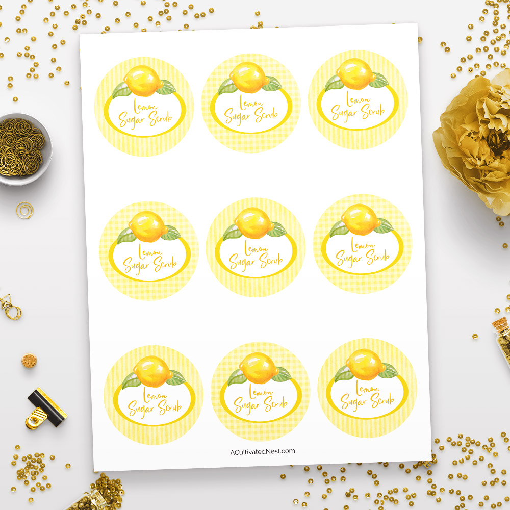 Printable Sugar Scrub Labels: Lemon- A great way to keep your skin beautiful and healthy is to use a body scrub! Want to give one a try? Then make this moisturizing homemade lemon sugar scrub! | DIY sugar scrub, sugar scrub tutorial, DIY gift idea, citrus sugar scrub, homemade gift, #sugarScrub #printable #ACultivatedNest