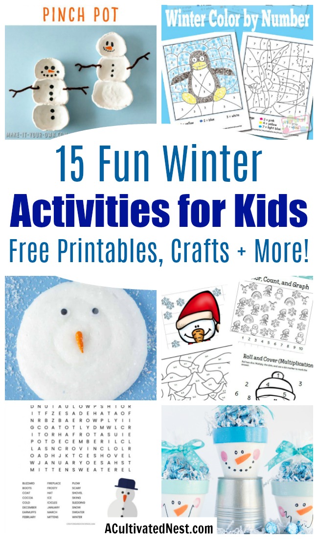 15 Frugal Winter Activities for Kids- Keeping your kids busy during the winter doesn't have to cost a lot or be difficult. Just try these fun and frugal winter activities for kids! | kids crafts, kids activities, winter themed kids crafts, snowman kids activities, color by number, snowman slime, homeschooling printables, winter learning activities for kids, free printables, #kidsCrafts #kidsActivities #ACultivatedNest