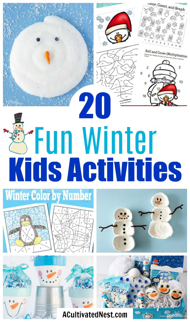 20 Frugal Winter Activities for Kids- These winter kids crafts, free printables, and activities are easy (and inexpensive) ways to keep the kids busy during the winter! A lot of fun learning activities are also included! | kids crafts, kids activities, winter themed kids crafts, snowman kids activities, color by number, snowman slime, homeschooling printables, winter learning activities for kids #kidsCrafts #freePrintables #kidsActivities #winterCrafts #ACultivatedNest