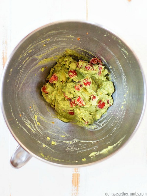 Guacamole Made in a KitchenAid Mixer- Your stand mixer is good for more than just mixing up desserts! Take advantage of all your mixer can do with these 15 KitchenAid mixer hacks and tips! | ways to use your KitchenAid mixer, things your stand mixer can do, mixer DIY play dough, shred chicken, #hacks #kitchenaid #ACultivatedNest