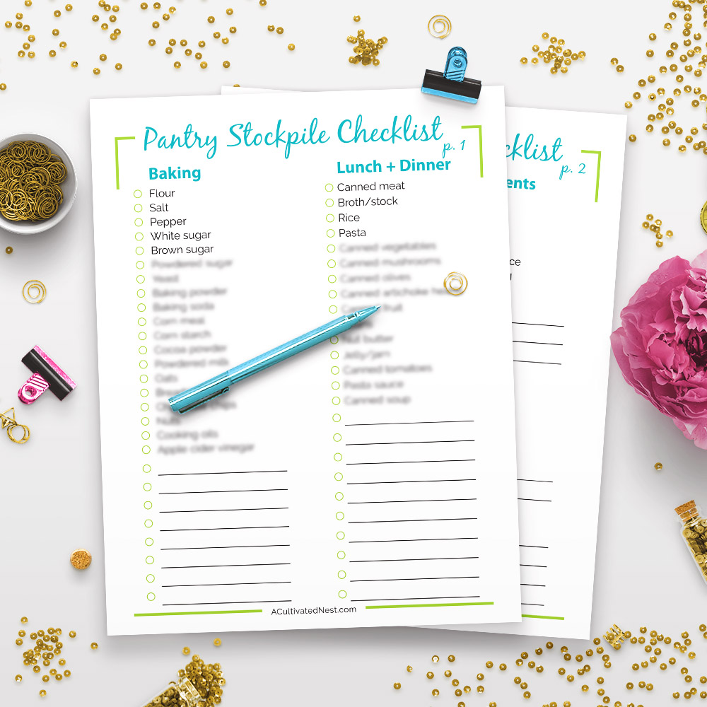Pantry Stockpile Shopping List Printable- Having a well stocked pantry helps keep your grocery costs down and helps you be prepared for emergencies! Here's how to build a frugal pantry stockpile! | how to fill a pantry on a budget, why you need a well-stocked pantry, frugal ways to stockpile food for emergencies, reduce your grocery budget, #frugalLiving #printable #ACultivatedNest