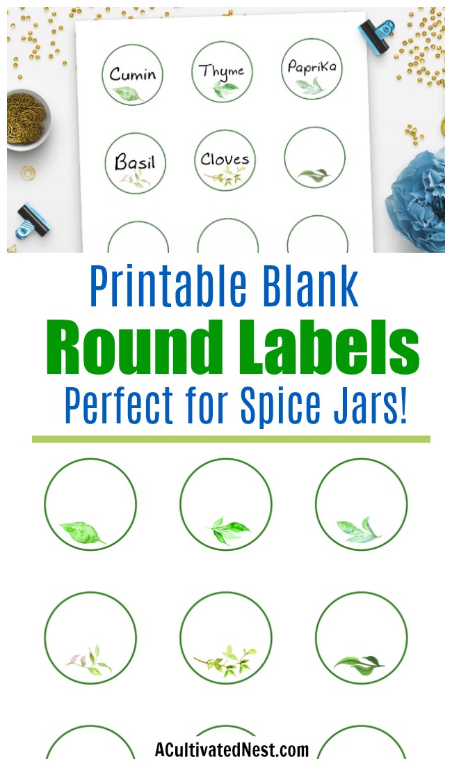 Printable Blank Round Labels- These 2" printable blank round labels with watercolor greenery are exactly what you need to organize spice jars and other small containers in style! | spice cupboard organization, labels for organizing, home organization, printable spice labels, printable labels for jars #printable #organizing #ACultivatedNest